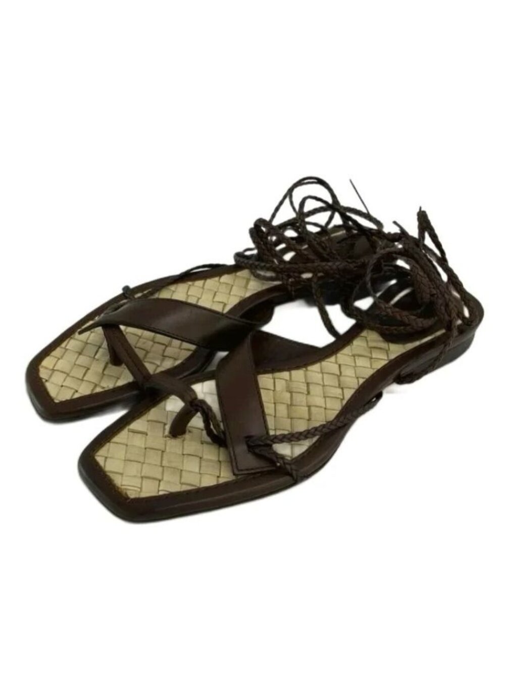 Gucci Y2k Era Sandals Leather Flat Square Toe Lace-up Braided Brown